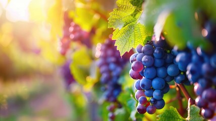 Fototapeta premium Sunlit bunches of grapes hanging on vine