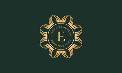 Heraldic or decorative luxury logo template with letter E in center and space for text. Good for restaurant, royalty, boutique, hotel, jewelry, fashion, etc.