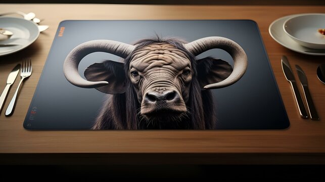 A buffalo on a placemat with a knife and fork, ready to be served as a meal.

