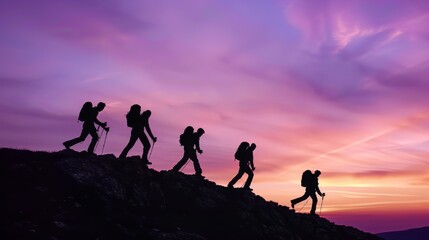 Silhouettes engaged in outdoor activities such as hiking or rock climbing at sunset.