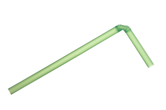 Close up green plastic drinking straw isolated on white, clipping path