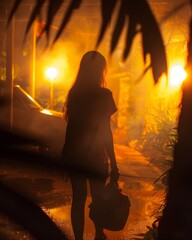 Silhouette of a Woman with a Bag Walking in the Night