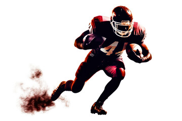 A football player is running with the ball in his hands. He is wearing a helmet and a jersey