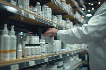 Close up view of Pharmacist taking medicine from c shelves