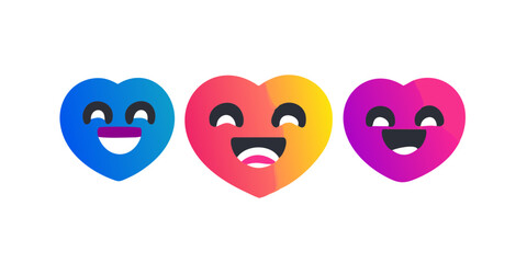 Fototapeta premium Heart-shaped emoji faces in three different colors – blue, orange and pink – appear on a transparent background. Each emoji has a simplified, happy expression.AI generated.