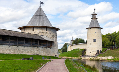 Landscape photo with Kremlin of Pskov, Russia. Stone towers