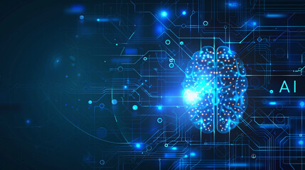 a blue background with a brain and circuit board