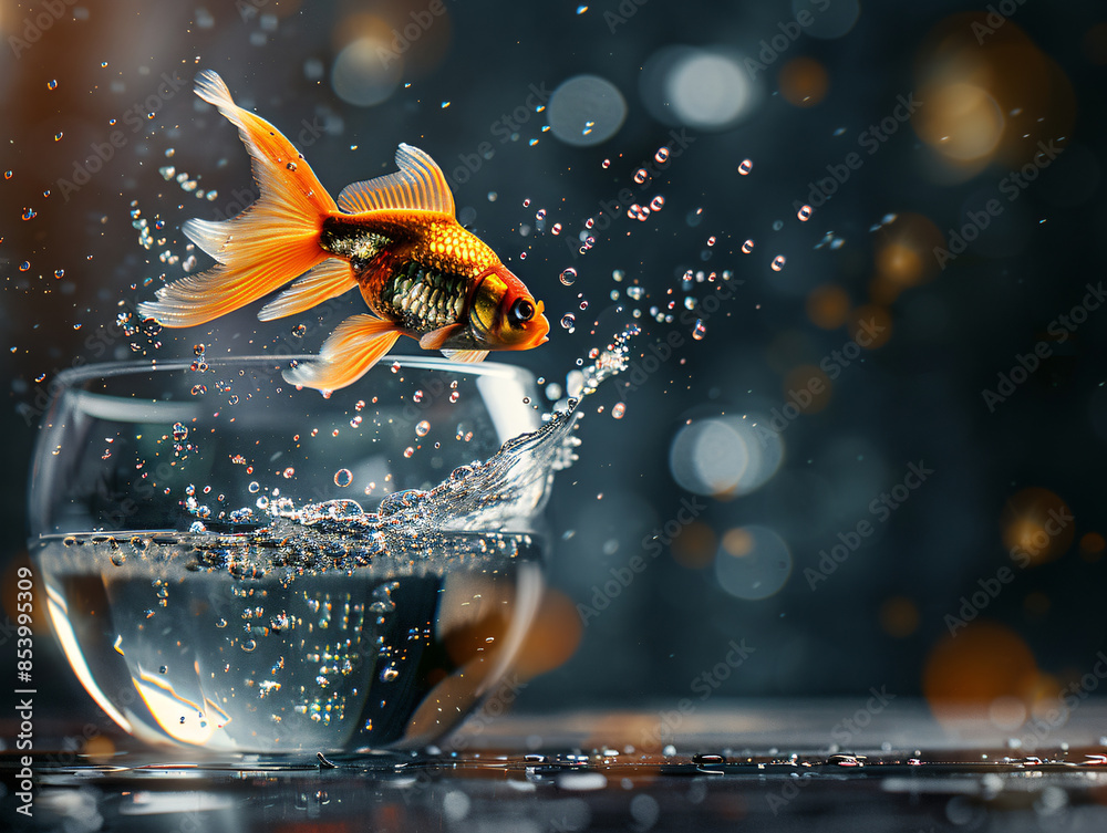 Wall mural a gold fish jumping out of a bowl of water