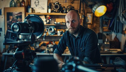 The photographer is in a professional studio, with lighting equipment and photographs, focusing on creative work AIG58