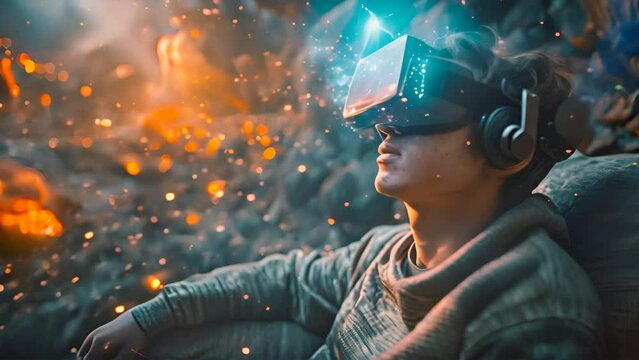 a man is sitting on a couch wearing VR headset. The man is in an apartment. The apartment is morphing into a sci-fi movie.generattive ai