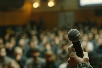 Hand adjusting microphone for public speaking in blurred audience.