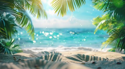 Fototapeta premium Tropical summer background with palm leaves and sand on the beach, blue sea water and bokeh sun light. Summer vacation concept banner for product display or design. Commercial photo with soft pastel