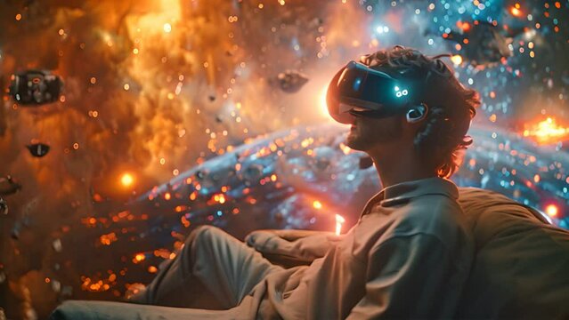 a man is sitting on a couch wearing VR headset. The man is in an apartment. The apartment is morphing into a sci-fi movie.generattive ai