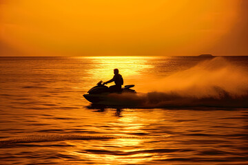 A man is riding a jet ski on a calm ocean. The sky is orange and the sun is setting