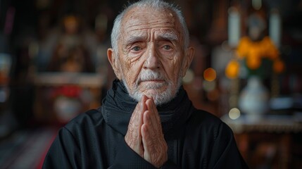 An elderly man with a contemplative expression and joined hands appears solemn and wise