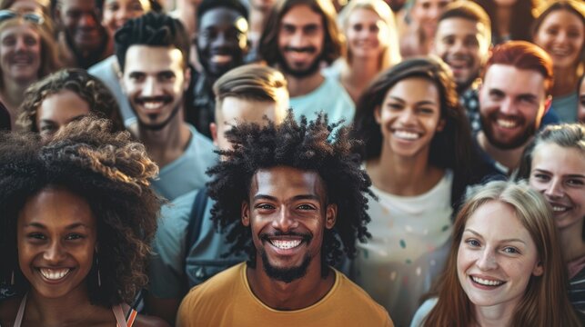 A group of diverse people of all ages and races smiling and looking at the camera. AIG535