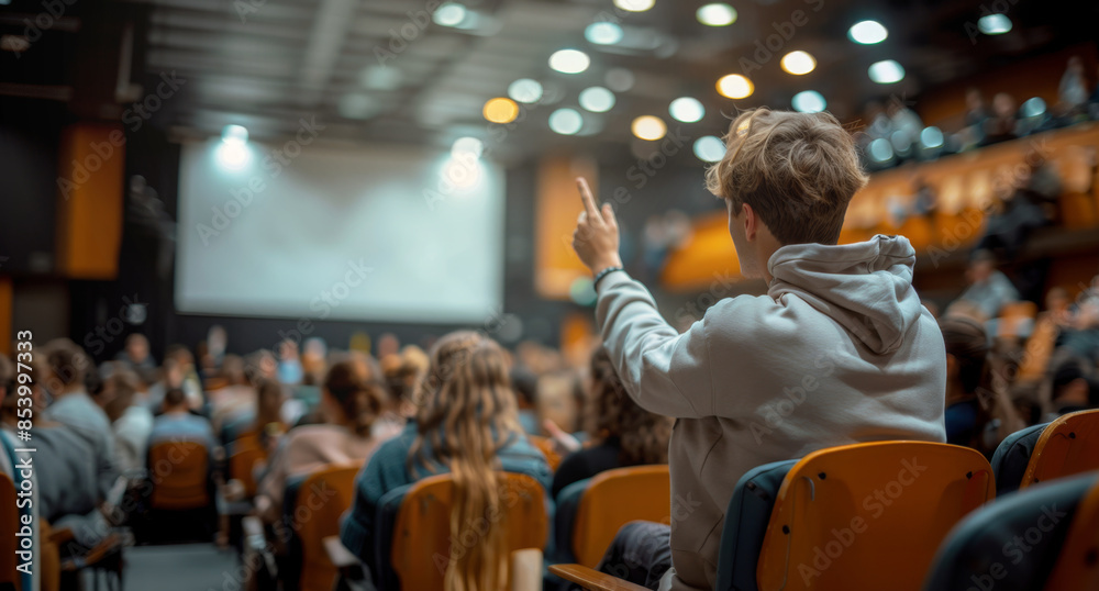 Aufkleber a student raises their hand in a lecture hall, likely asking a question or participating in class di