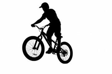 Fototapeta premium A man is riding a bike and doing a trick. The image is in black and white and has a moody, dramatic feel to it