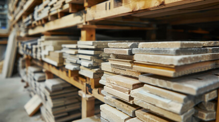 Obraz premium Close-up of different types of tiles organised in a warehouse, highlighting their assortment and storage. Ideal for tile manufacturing, tile supply, or construction content.