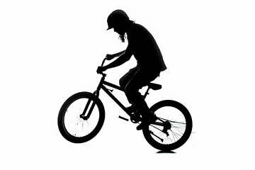 Obraz premium A man is riding a bike and doing a trick. The image is in black and white and has a moody, dramatic feel to it