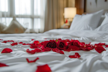 Red rose petals sprinkled on a white sheet bed.