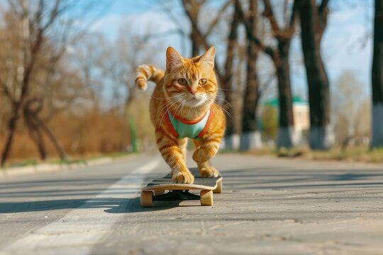 A ginger cat wearing a blue harness and leash rides a skateboard down a paved path in a park, with a blurry background of trees