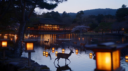 Lantern-lit Nara deer park at twilight, with deer roaming freely.


