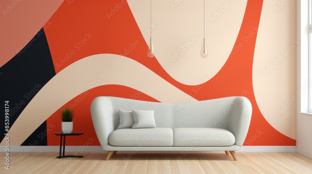 Poster wallpaper pattern in a minimalist style, featuring bold lines and shapes in contrasting colors.