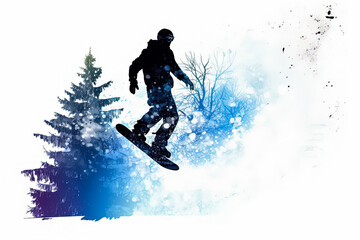 A man is snowboarding down a hill. The snowboarder is wearing a black jacket and goggles. The image has a mood of excitement and adventure