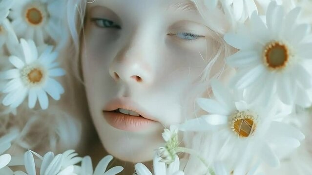 Ethereal Portrait of Albino Woman Surrounded by Daisies