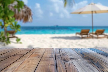 Fototapeta premium Wood table top on beach background with chairs and parasol.