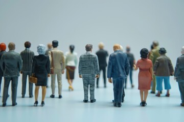 Miniature business people standing together on white background.