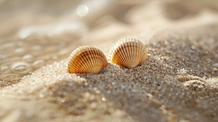 Two seashells on sandy beach, close-up, in soft sunlight