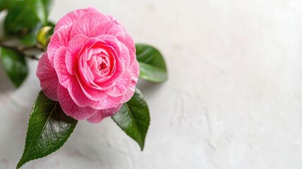 Close-up of pink camellia flower with green leaves on white background