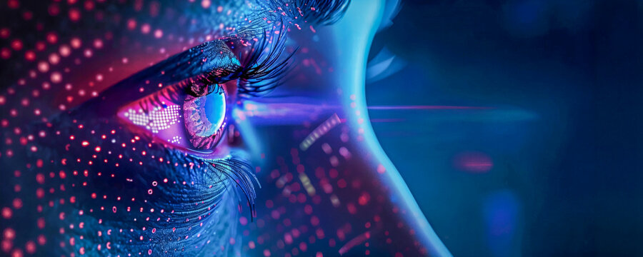 Foto de un ojo con datos digitales fluyendo a trav&eacute;s de &eacute;l sobre un fondo azul oscuro y morado, en un primer plano. El concepto muestra el uso de tecnolog&iacute;a biom&eacute;trica ocular para seguridad