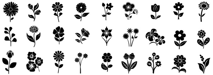 Flowers, plants set silhouette isolated. Constructor of trendy geometric postmodern primitive figures. Flower silhouette set for Poster, banner, Card, Invitation, Sticker, Greeting Cards template.