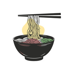 Bowl noodles and chopsticks sketch. Noodle bowl collection. Ramen. Asian food. Chinese, Korean, Japanese cuisine. Hand drawn vector illustration.