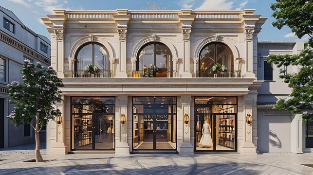 Boutique fashion store in european classic facade exterior.