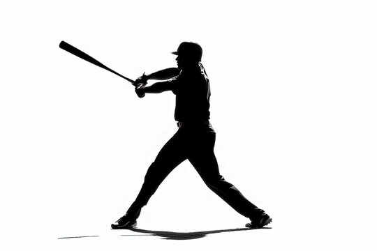 recommend clip art: A baseball player is swinging a bat. The image is in black and white and the player is the only visible object. Scene is focused and intense, as the player is in the midst of a swing