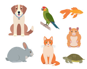 Set of happy pets. Dog, cat, rabbit, hamster and turtle, goldfish and parrot icons. Home domestic animals. Vector icons illustration isolated on white background.