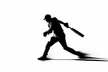 Fototapeta premium A man in a black shirt and hat is running with a bat. The image is in black and white and has a moody, dramatic feel to it