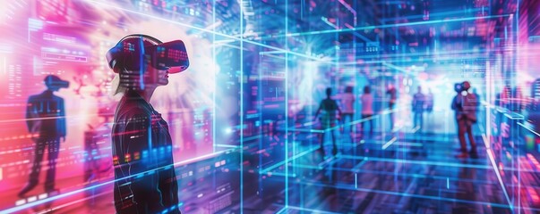 Fototapeta premium A virtual reality conference on healthcare investment with participants interacting through avatars and holograms, scifi, dynamic, immersive, high resolution
