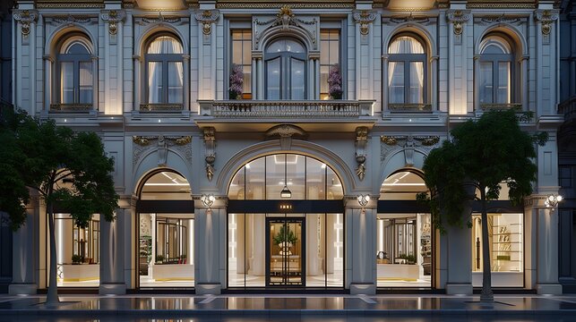 Boutique fashion store in european classic facade exterior.