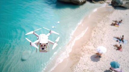 Naklejka premium Drones swiftly delivering summer novels to beachgoers, top view, merging tech with relaxation, scifi tone, Monochromatic Color Scheme