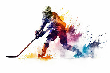 A hockey player is in the middle of a game, wearing a helmet and holding a hockey stick