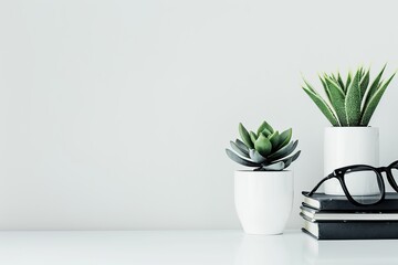 Front view white desk with black stationery, succulent plant, notebook, eyeglasses. Morning background banner, space for text. Minimalistic concept, workspace, time to work. Blank workplace. Mock-up.