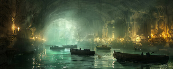 Obraz premium An underground river with raft-boats.