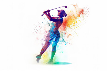 Obraz premium A woman is playing golf and swinging a golf club. The image is in black and white and has a moody, dramatic feel to it