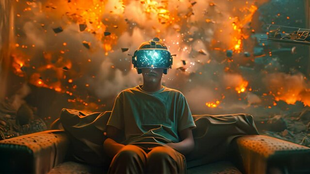 a man is sitting on a couch wearing VR headset. The man is in an apartment. The apartment is morphing into a sci-fi movie.generattive ai