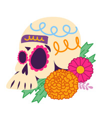 Calaverita de azúcar día de muertos tradición México decorada con flor cempasúchil 